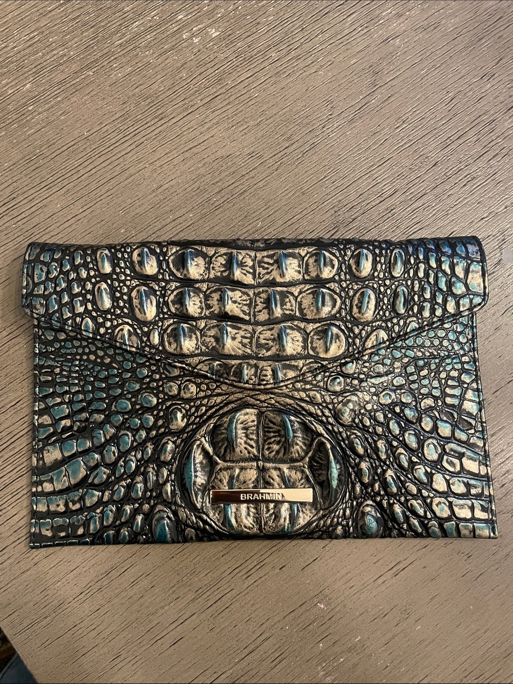 Brahmin Metallic Teal and Black Croc-Embossed Envelope Clutch
